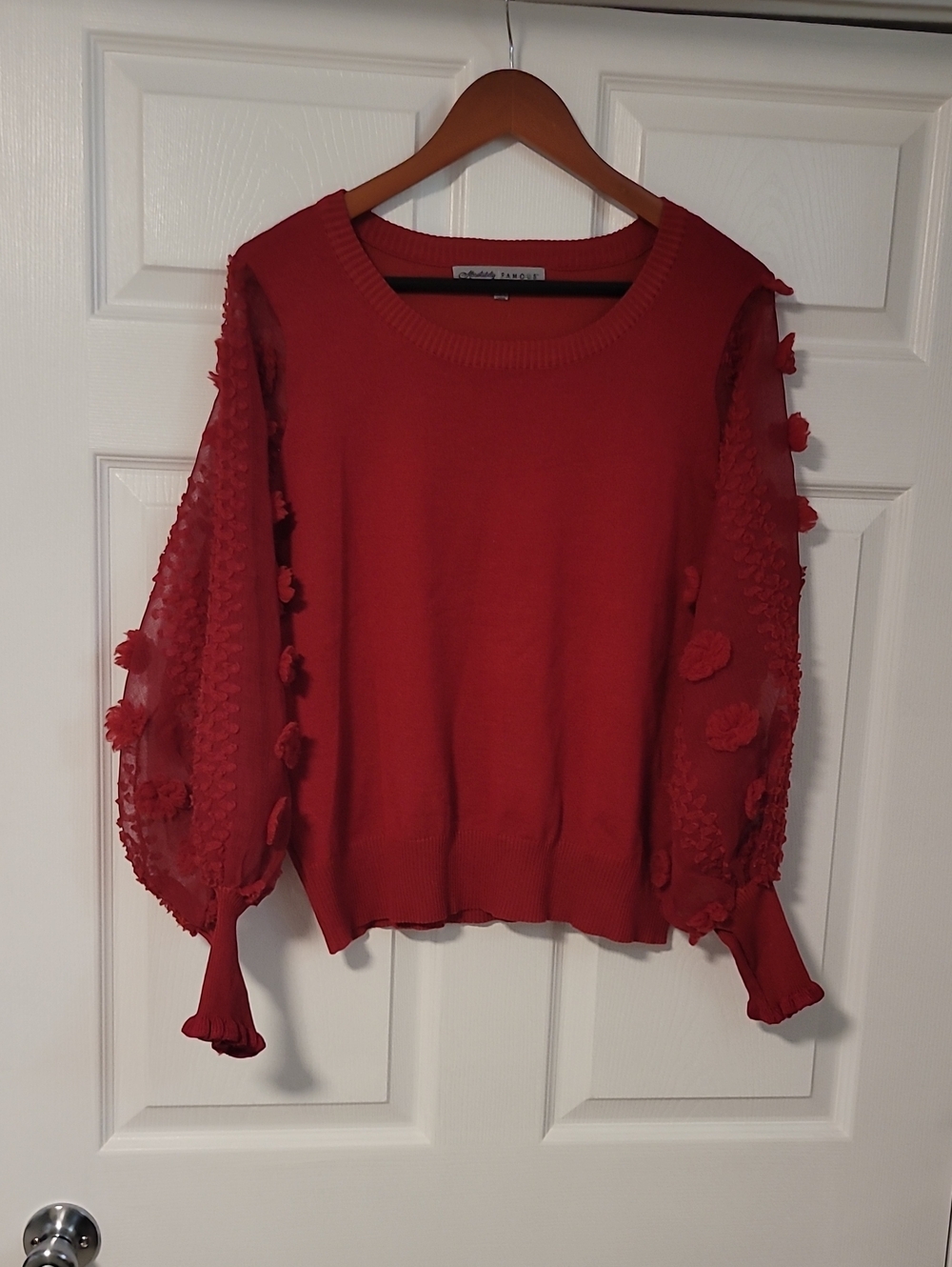 Absolutely Famous Red Crewneck Sweater with Floral Applique Sleeves